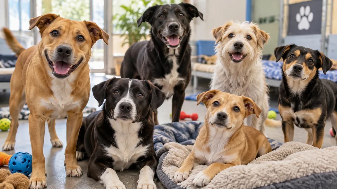 Editorial illustration of dogs in a shelter; not a photograph of the animals in this case
