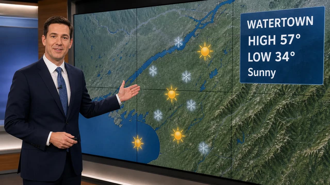 Illustration: a TV meteorologist presents the North Country forecast, a high of 57 and a low of 34 in Watertown