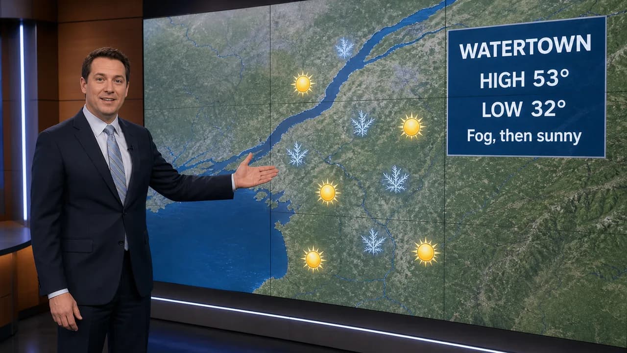 Illustration: a TV meteorologist presents the North Country forecast, a high of 53 and a low of 32 in Watertown