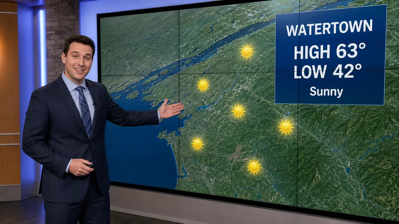 Illustration: a TV meteorologist presents the North Country forecast, a high of 63 and a low of 42 in Watertown