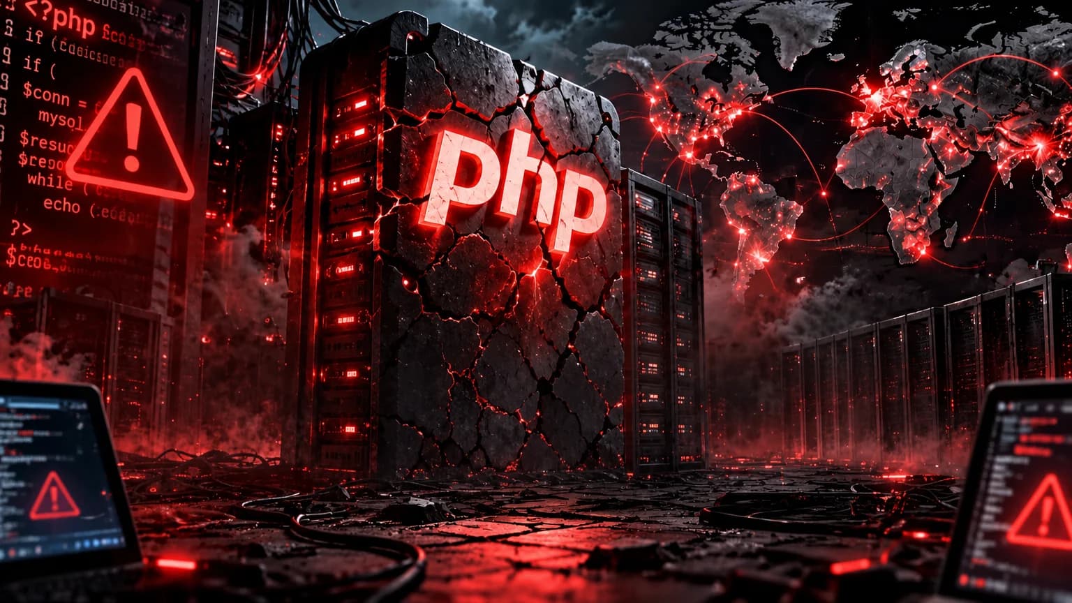 Illustration of a cracked server block glowing with a red PHP logo, surrounded by server racks, warning screens and a world map lit with red network lines